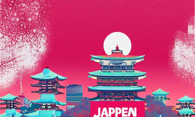 Prompt: Japan sightseeing, touring, gourmet, crafts and souvenirs, a poster design for a contemporary graphic design exhibition, in the style of MERIJN HOS and KAWS, open negative space, clean color and neon fluorescent airbrush accents typographic graphic design volumetric octane render