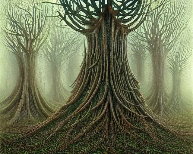 Image similar to fractal acid trip forest by vladimir kush and giger