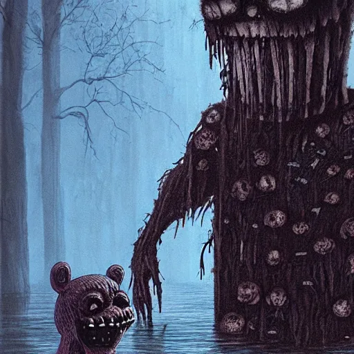 Image similar to creepy ruined abandoned fnaf character, fnaf animatronic rising from the lagoon at night, creepypasta, greg rutkowski, creepy dark beksinski painting, vhs footage, distorted, scary, creepy, haunted photo, really dark, slender, creature of the dark worlds, unsettling image, scp 0 9 6