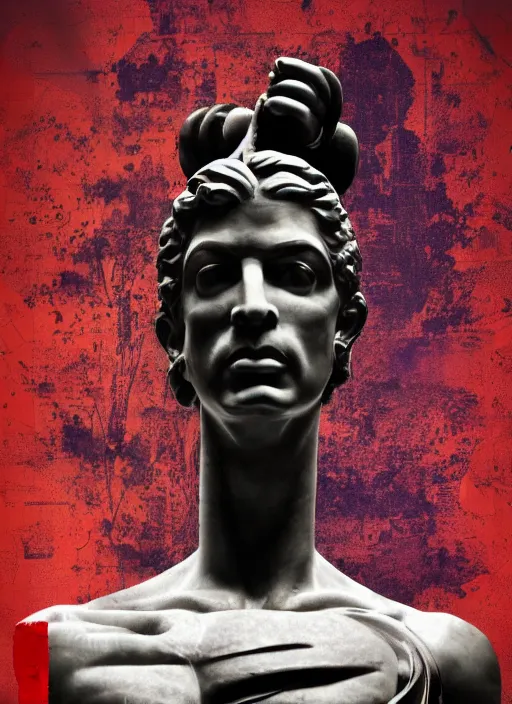 Image similar to design poster showing a statue of hercules, black background with very subtle red and purple design elements, powerful, nekro, vito acconci, graphic design, collage art, subtle thin lines, dark, glitch art, neo vaporwave, gritty, layout frame, square, trending on artstation