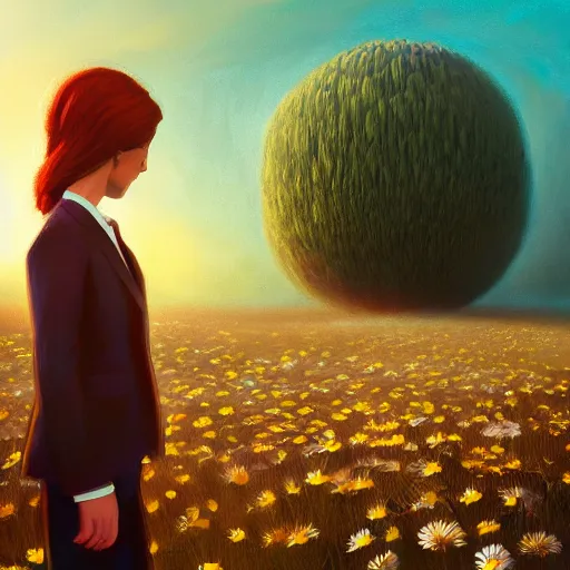 Image similar to giant daisy flower head, frontal, girl in a suit, surreal photography, sunrise, dramatic light, impressionist painting, digital painting, artstation, simon stalenhag