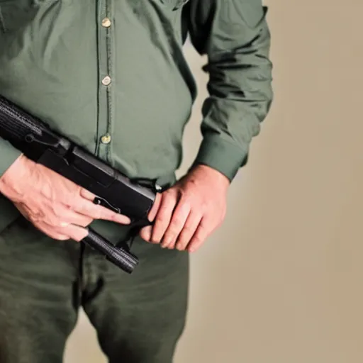 Image similar to man holding a pistol with a extremely long magazine