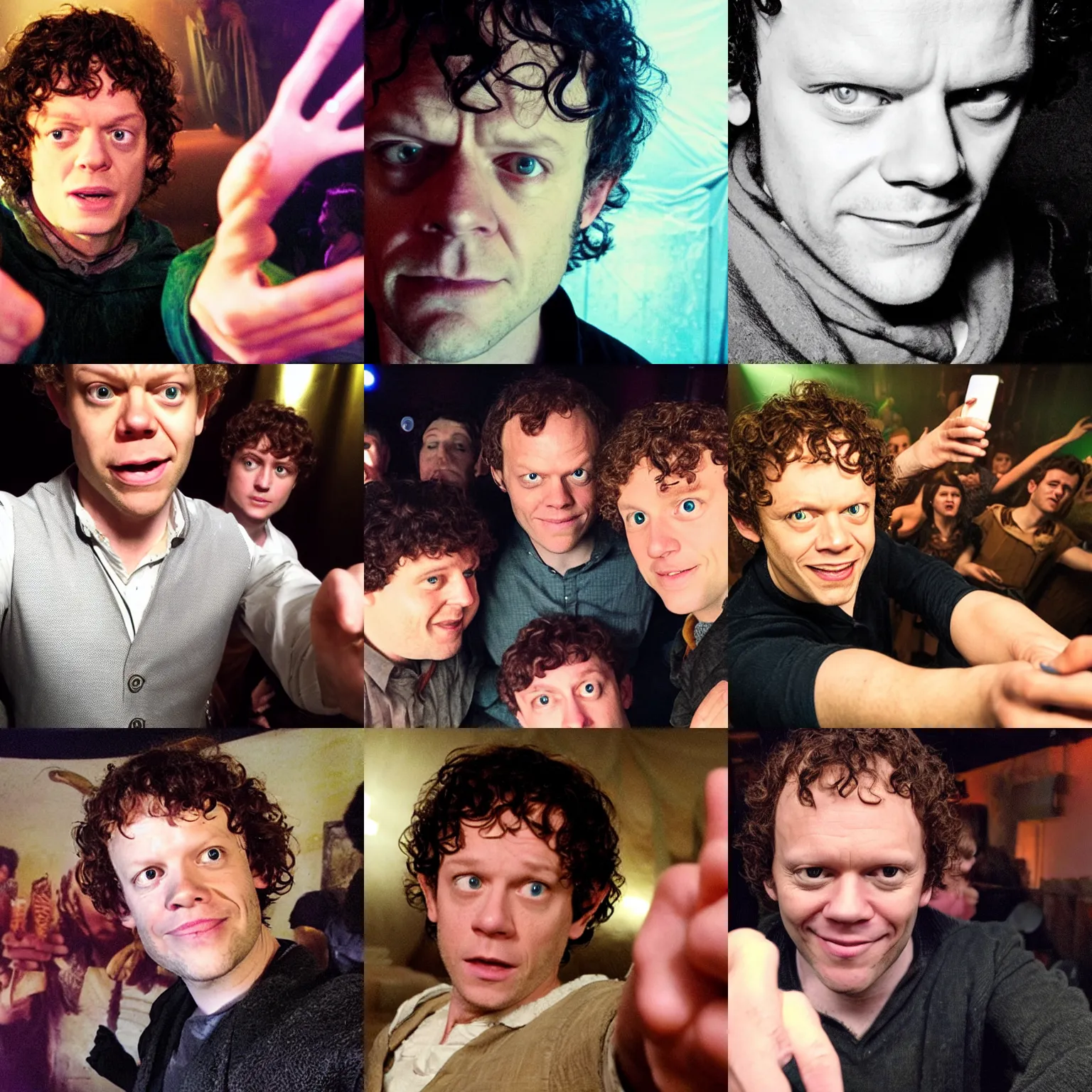 Prompt: robert webb as frodo baggins, in a nightclub, selfie