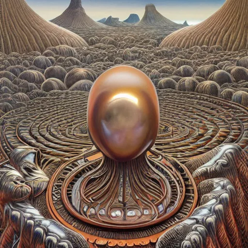 Prompt: mother of pearl by jacek yerka, alex gray, zdzisław beksiński, dariusz zawadzki, vladimir kush, jeffrey smith and h.r. giger, oil on canvas, 8k highly professionally detailed, trending on artstation