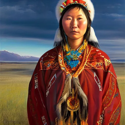 Image similar to portrait of a young yakuts woman ( 3 5 ) from yakutia, sakha republic, russia in 2 0 2 1, an oil painting by ross tran and thomas kincade