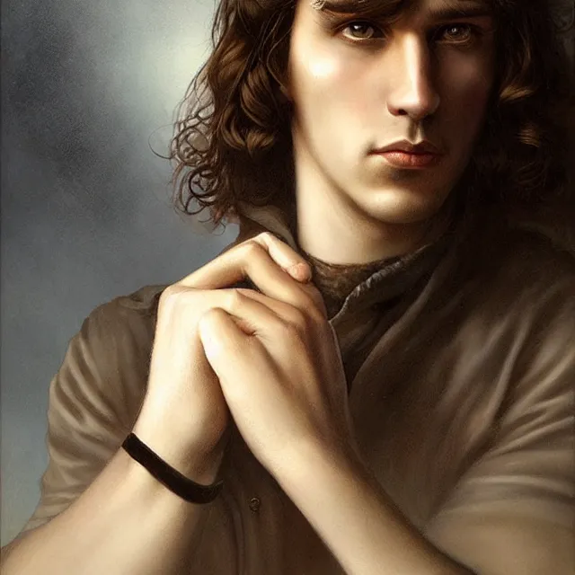 Image similar to a portrait of a content young man with short brown hair, art by tom bagshaw and manuel sanjulian