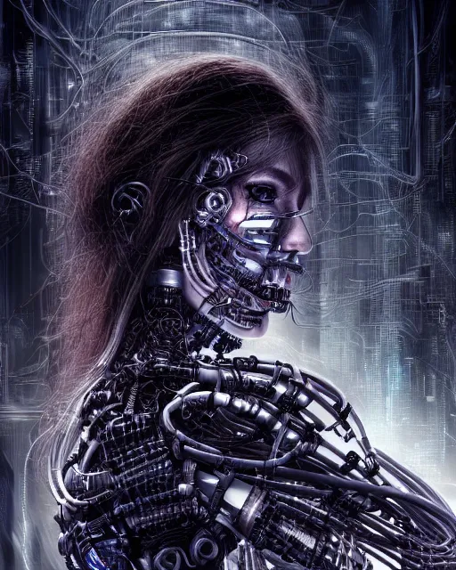 Image similar to portrait photo of an aesthetic biomechanical cyborg plugged into a quantum computer with cables and wires and optic fibers. cyberpunk horror style. art by luis royo. highly detailed 8 k. intricate. nikon d 8 5 0 5 5 mm. award winning photography.