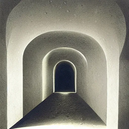 Image similar to laboratory. unsettling. semi - organic. tunnel, doorways. zdzisław beksinski