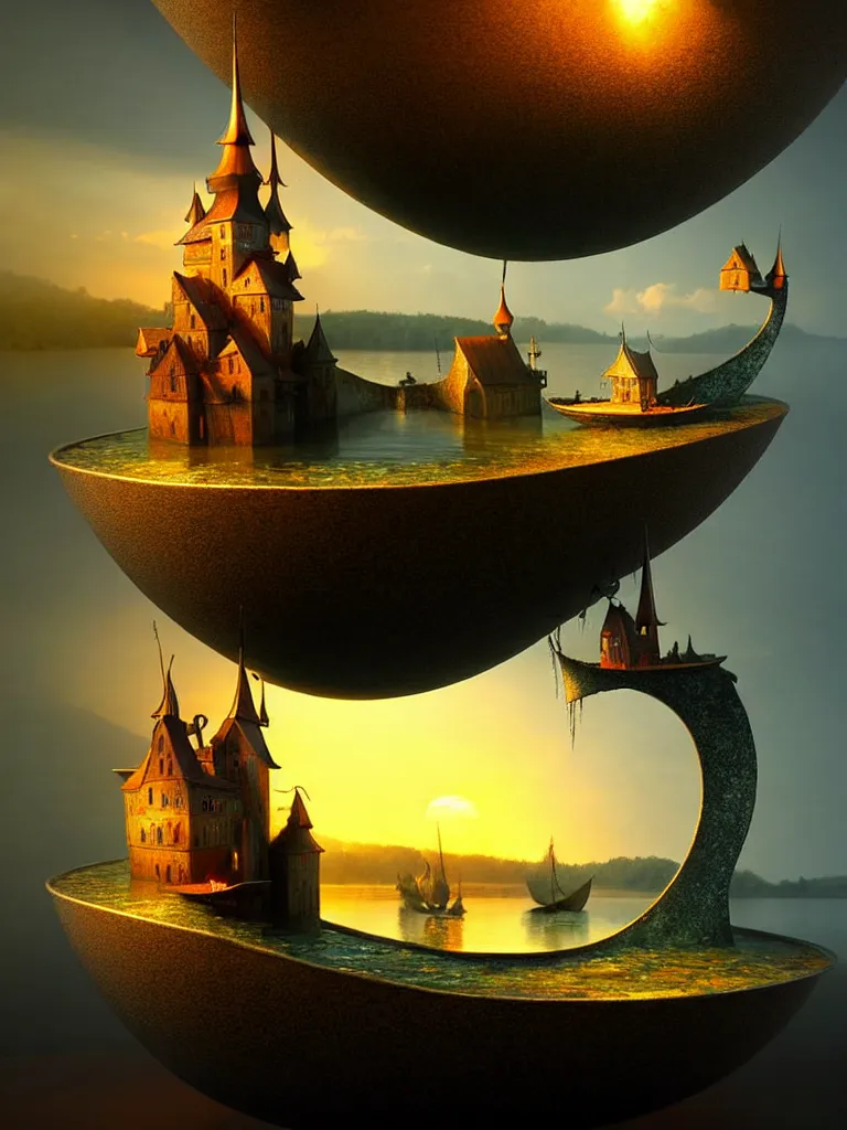 Prompt: extendable anise diorama an immense gigantic ornated iron cup with a lake inside, water in excess droping by, boats, castle, sunset, volumetric light, godrays, gediminas pranckevicius