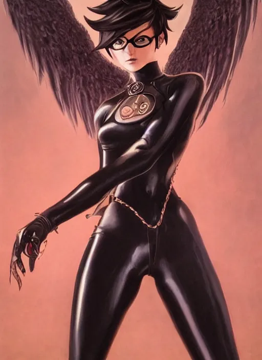 Image similar to full body artwork of tracer overwatch, wearing black latex outfit, in style of zdzisław beksinski, angel wings, dramatic painting, wearing detailed steel collar, black shiny armor, chains, black harness, detailed face and eyes,