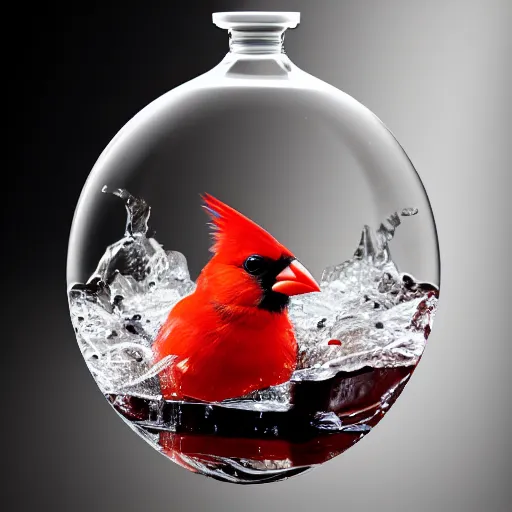 Image similar to a photorealistic photograph of a red Cardinal bird swimming inside of an Armagnac decanter at an upscale polo lounge Trending on Artstation, featured on Behance, well-rendered, Unreal Engine, 4K HD