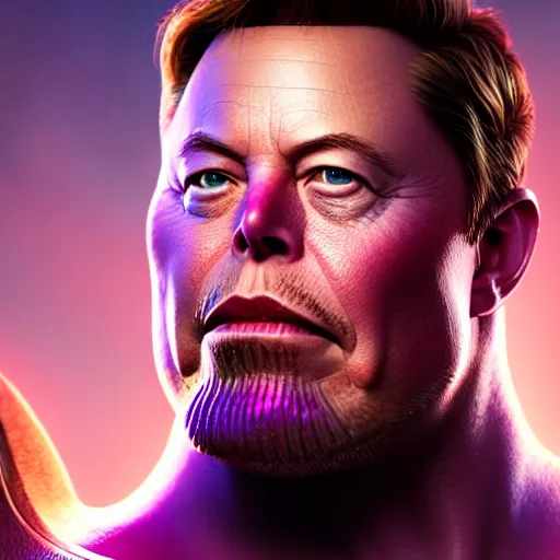 Image similar to a portrait of elon musk as thanos, the pixar adaptation, with same hairstyle, angry facial expressions, hyper detailed, digital art, trending in artstation, cinematic lighting, studio quality, smooth render, unreal engine 5 rendered, octane rendered