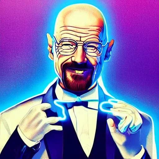 Image similar to walter white in a white tuxedo, laughing in a night club, neon lights and laser show