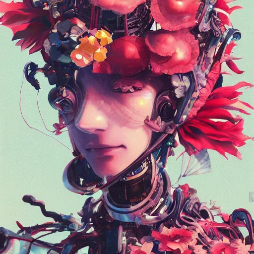 Image similar to surreal gouache painting, by yoshitaka amano, by ruan jia, by conrad roset, by kilian eng, by good smile company, detailed anime 3 d render of a mechanical android head with flowers growing out, portrait, cgsociety, artstation, modular patterned mechanical costume and headpiece, retrowave atmosphere