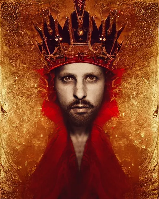 Image similar to 'Portrait of Crowned King Arthur' by Lee Jeffries royally decorated, whirling plasma, atmospheric motes, red and gold Sumptuous garb, gilt silk fabric, radiant colors, fantasy, perfect lighting, studio lit, micro details,