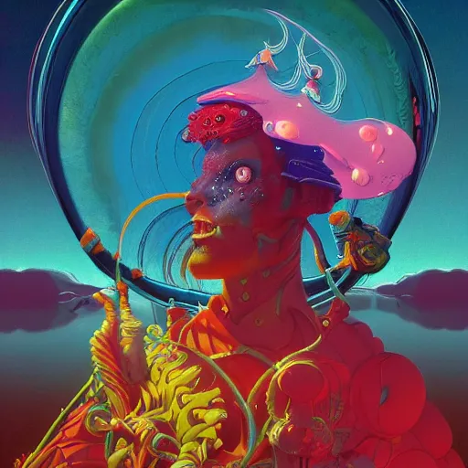 Image similar to colourful breathtakingly weird beautiful powerful magical wonderfully majestic beautifully cool character by michael whelan and moebius and beeple and kilian eng and dan mcpharlin and pascal blanche and jamie hewlett and richard dadd, symmetrical, magical stormy reflections, smoke on water, 8 k artstation