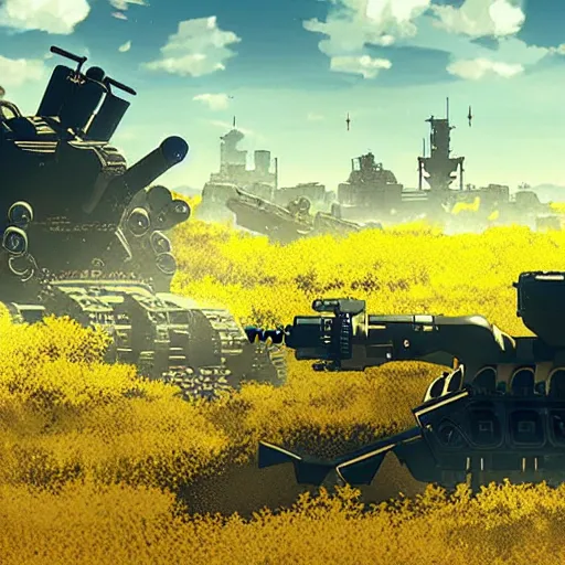 Prompt: a high resolution image from nier : automata, featuring 9 s android fighting an armoured vehicles column in yellow rye field under pure blue skies