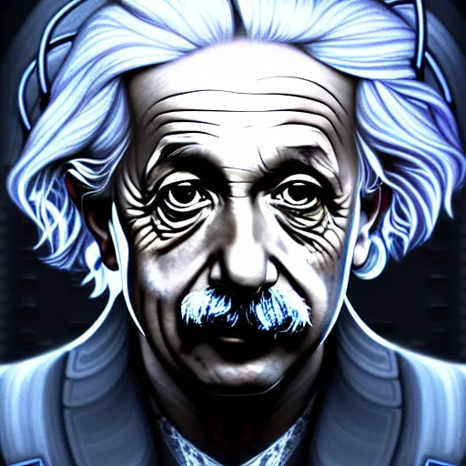 Image similar to portrait painting of albert einstein as a cyberpunk technician with a halo and devil horns, ultra realistic, concept art, intricate details, eerie, highly detailed, photorealistic, octane render, 8 k, unreal engine. art by artgerm and greg rutkowski and magali villeneuve and alphonse mucha