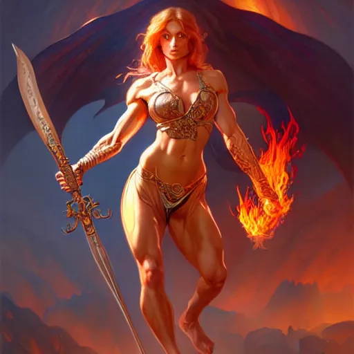 Image similar to female holding a flaming sword, muscular upper body, D&D, fantasy, intricate, elegant, highly detailed, digital painting, artstation, concept art, smooth, sharp focus, illustration, art by artgerm and greg rutkowski and alphonse mucha