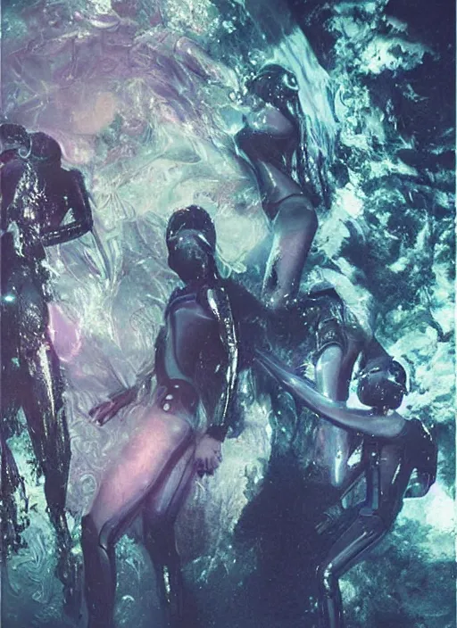 Image similar to astronauts girls in dark void underwater - complex and hyperdetailed technical suit design. reflection and dispersion materials. rays and dispersion of light. volumetric light. f / 3 2. noise film photo. flash photography. ultra realistic, wide angle. poster by wayne barlowe, hajime sorayama aaron horkey, craig mullins