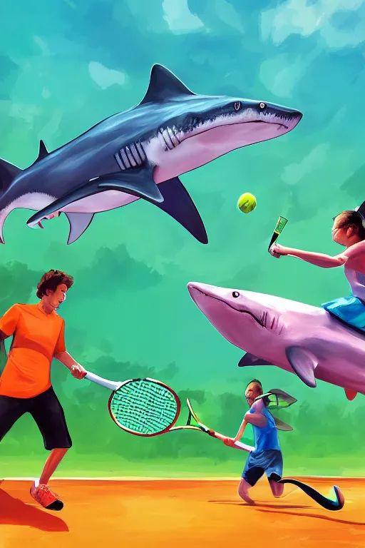 Prompt: colorful sharks playing tennis, digital art, artstation trending, digital painting