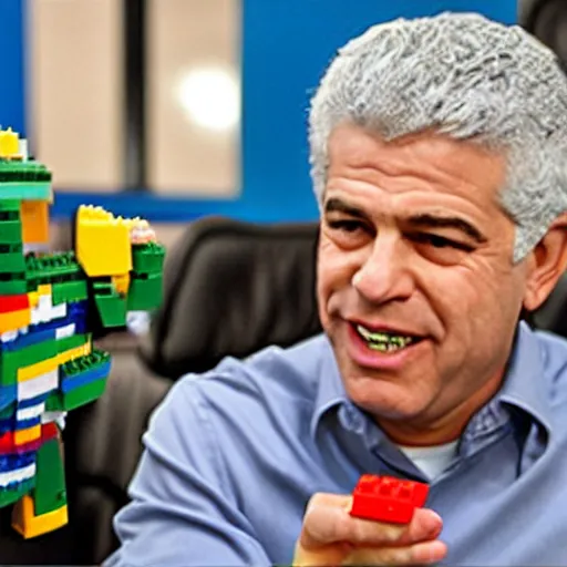 Image similar to Yair Lapid playing with legos in his office, detailed