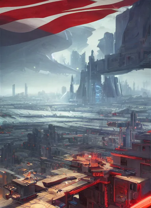 Image similar to futuristic city on the edge of steel kitchen sink red propaganda flags by ross tran, thierry doizon, craig mullins, ilya kuvshinov, artgerm, edward hopper, dan mumford, wlop, rutkovsky, carl spitzweg, moebius, unreal engine 5, lumen, nanite