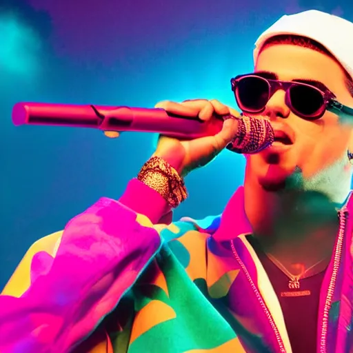 Image similar to bad bunny preforming in aruba award winning photo