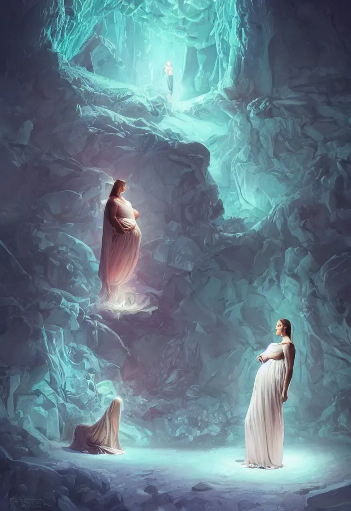 Image similar to epic pregnant woman talking to all her tribe with fluorescence bodies, proud people gather around the pregnant woman, fluorescence bodies, ice cave at night, intricate, elegant, highly detailed, digital painting, artstation, concept art, smooth, sharp focus, illustration, art by artgerm and greg rutkowski