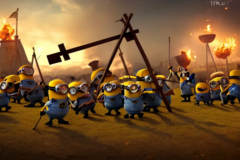 Prompt: diorama of group of minions launching a trebuchet, setting is bliss wallpaper, realistic, 4 k, detailed, atmospheric, cinematic lighting, octane render, unreal engine render, ray tracing lighting