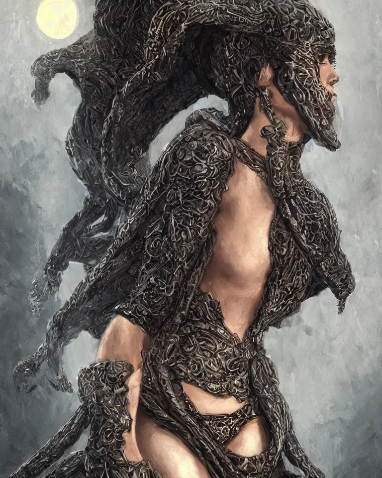 Prompt: a portrait of a dark souls roman goddess in a while silk robe in the moonlight covered in snakes , intricate, elegant, highly detailed, painting, trending on artstation, concept art, by artgerm,