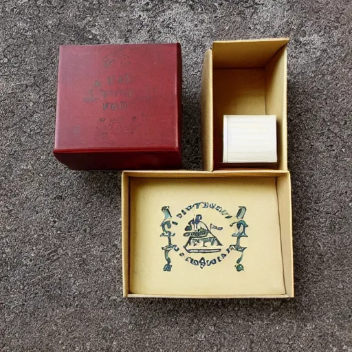 Image similar to vintage craft paper gift box for men, old school, wes anderson style, sealed with old wax