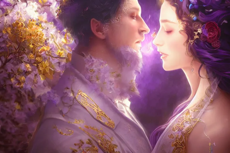 Image similar to a dreamlike cinematic portrait of wedding photograph close up moment of a divine a russia sun god and moon goddess lovers magician at a wedding banquet. portraiture. digital painting. artstation. concept art. fantasy wedding photo. digital painting, 8 k realistic, hyper detailed, violet evergarden art masterpiece by art by krenz cushart