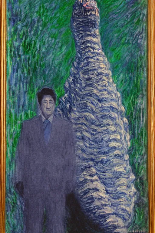 Image similar to shinzo abe with body of Godzilla painting by claude monet