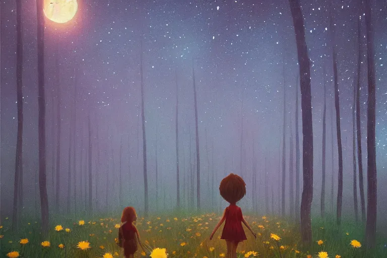 Image similar to giant daisy flower as face, girl walking in forest, surreal photography, dark night, stars, moon light, impressionist painting, clouds, digital painting, artstation, simon stalenhag