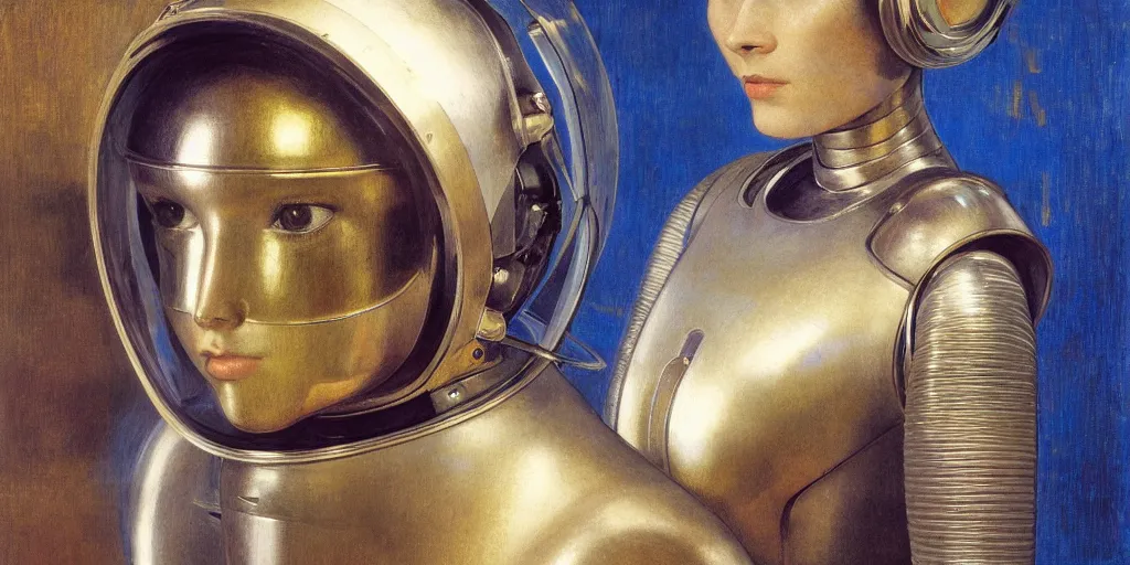 Image similar to portrait of a beautiful chrome female robot wearing a space helmet, reflections, mirroring, warm azure tones, heavy lensflare, color bleed, film grain, depth of field, jules bastien - lepage, rudolph belarski, johfra bosschart, alexandre cabanel