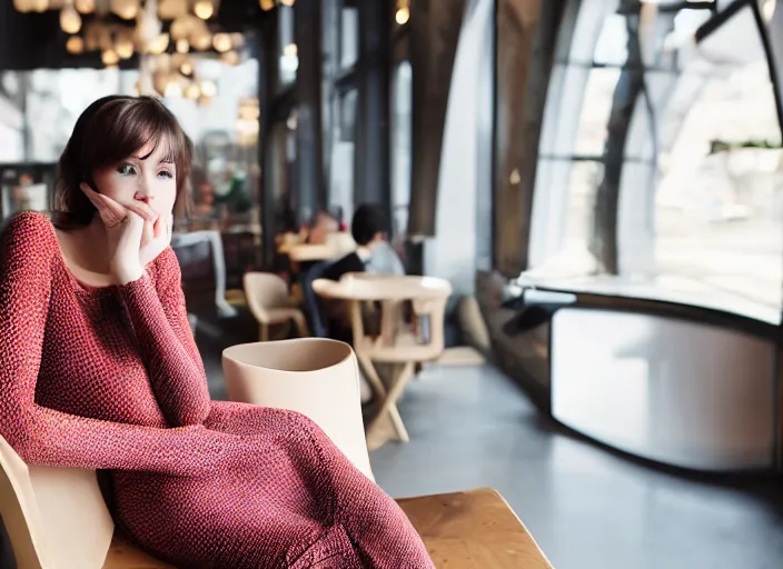 Image similar to beautiful!!!!! young adult woman in a cozy coffee shop staring seductively at the lens wearing an avant garde outfit designed by zaha hadid, close up, natural lighting, 5 0 mm