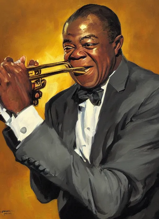 Prompt: a portrait of louis armstrong telling a joke, by greg manchess, dramatic lighting, highly detailed digital painting