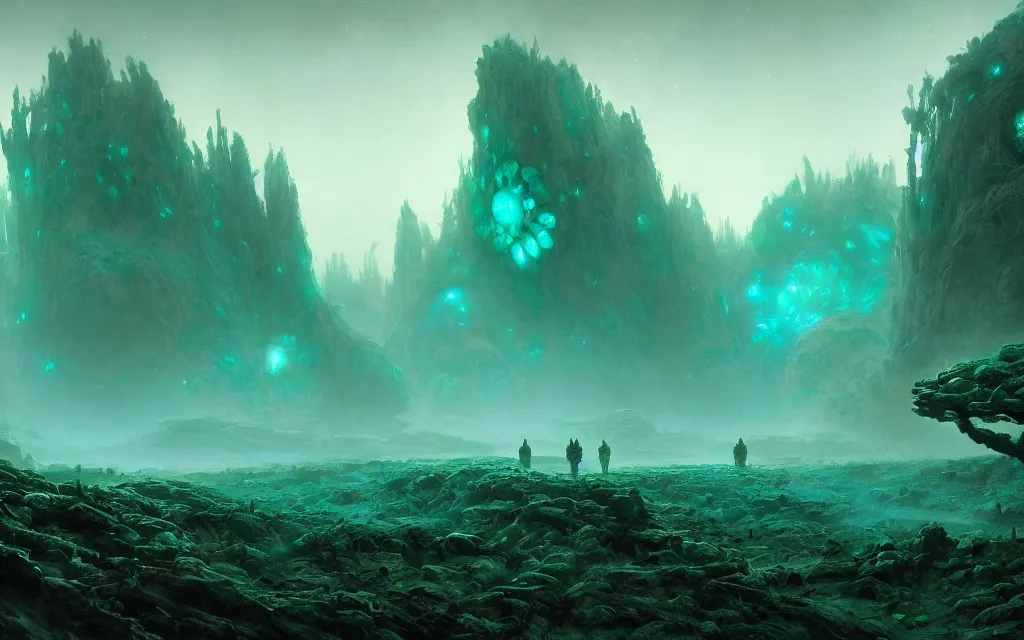 Prompt: a beautiful highly detailed epic matte painting of an alien planet with crystals made of jade in a desolate forest with teal colors by Jose Daniel Cabrera Pena and Leonid Kozienko and Ruan Jia, concept art