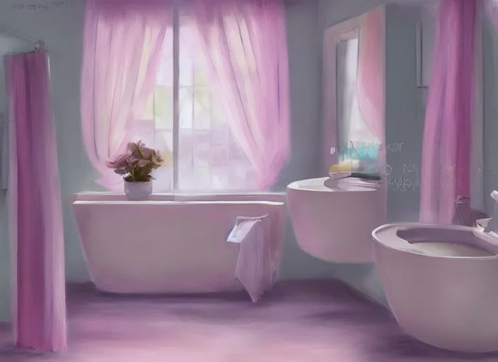 Prompt: placid pastel morning cute painterly fluffy bathroom trending on pixiv