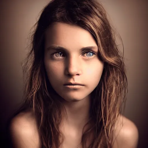 Image similar to photographic Close-up face of a extremely beautiful girl with clear eyes and light brown hair , high light on the left, non-illuminated backdrop, illuminated by a dramatic light, Low key lighting, light dark, High constrast, dramatic , Steve Mccurry, Lee Jeffries , Norman Rockwell, Craig Mulins ,dark background, high quality, photo-realistic, 8K,