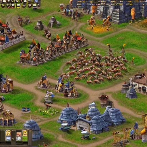 Image similar to a group of giant minions standing near a Town Center in the game Age of Empires