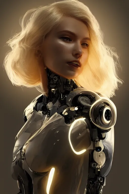 Image similar to a beautiful woman with blonde hair wearing robot suit with wires and light, highly detailed, photorealistic, artstation, smooth