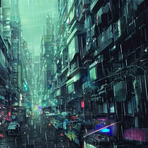 Prompt: mechanical android in overcrowded urban dystopia bustling city raining makoto shinkai