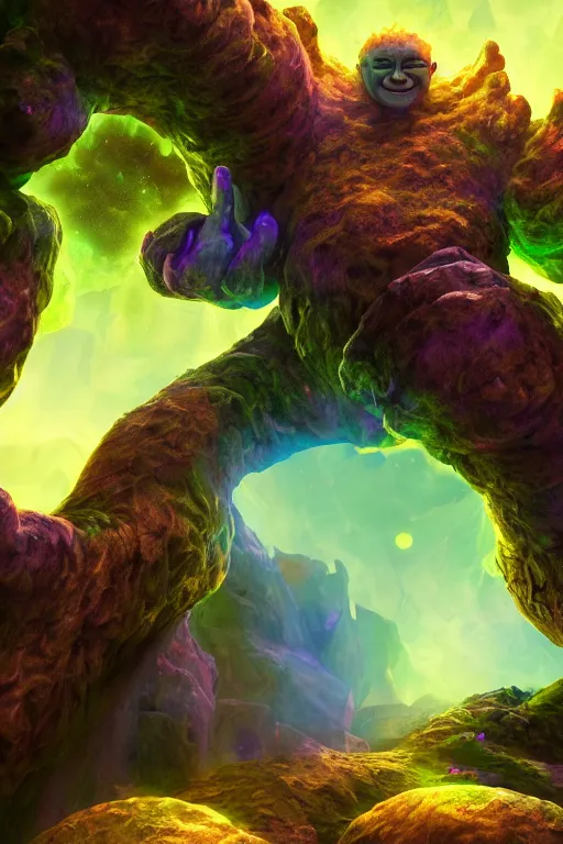 Image similar to arcane fantasy art giant golem elemental wood rock bastion forged gemstone enchanted forest troll, global illumination ray tracing hdr fanart arstation by sung choi and eric pfeiffer and gabriel garza and casper konefal lisa frank zbrush central hardmesh radiating a glowing aura