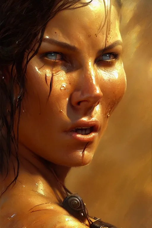 Image similar to muscular sweat lara croft, face close up, highly detailed painting by gaston bussiere, craig mullins, j. c. leyendecker 8 k