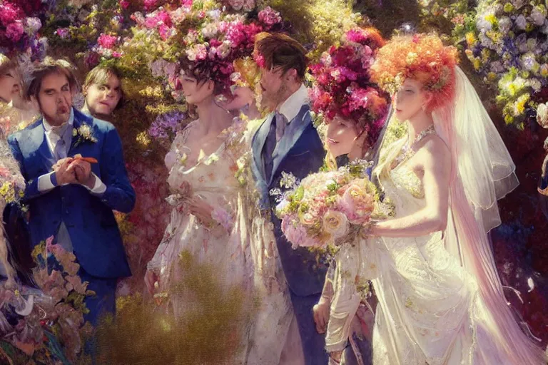 Image similar to the groom look at the bride at a wedding full of flowers, bright and happy, dreamlike art, highly detail, 4 k realistic, wedding photoy krenz cushart, artem demura, yoji shinkawa artgerm, jon lothian, danilo torres. adi meyers. thomas reimann. gaston bussiere.