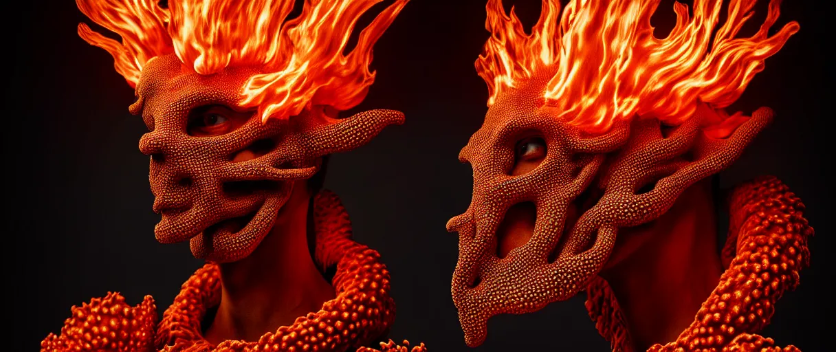 Image similar to hyperrealist highly detailed english medieval portrait of high fashion monster wearing flame fire smoke flame armor, radiating atomic neon corals, veiny network growth with fungal pattern, concept art pascal blanche dramatic studio lighting 8k wide angle shallow depth of field