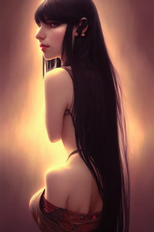 Prompt: a beautiful girl with long black hair and bangs, red eyes, fantasy, portrait, sharp focus, intricate, elegant, digital painting, artstation, matte, highly detailed, concept art, illustration, ambient lighting, art by ilya kuvshinov, artgerm, Alphonse mucha, and Greg Rutkowski