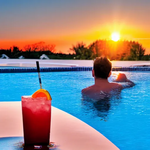 Prompt: spaceman sipping a colored cocktail in a swimming pool during sunset - n 4